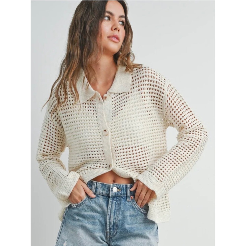 NWT Sincerely Jules Women Cream Open Knit Button Front Cardigan Sweater XL